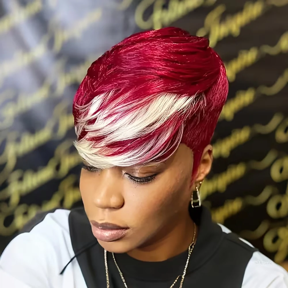 

Burgundy highlight Short Pixie Cut Wig Straight Human Hair Wigs Layered Bazilian Hair with Bangs for Women Full Machine Made Cap