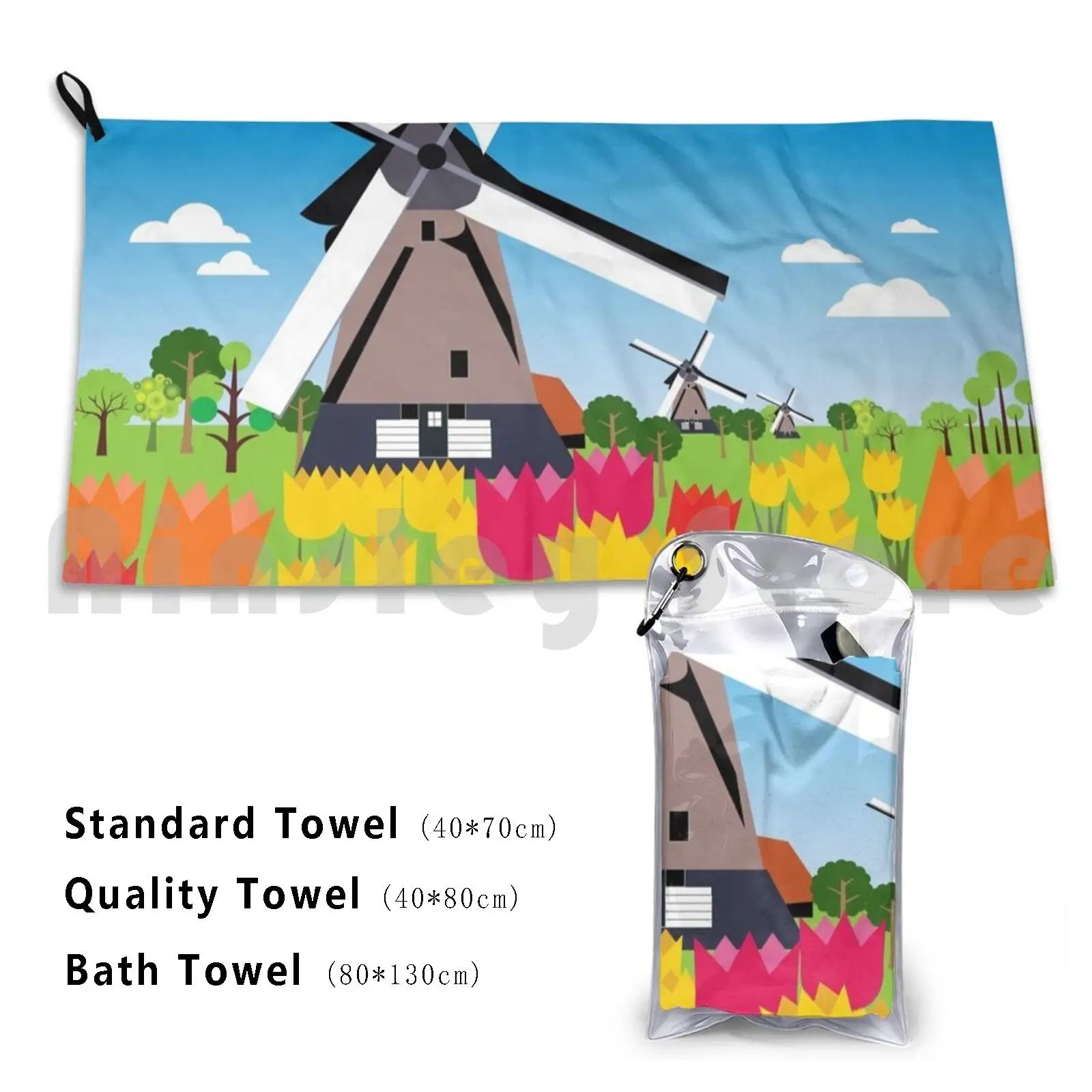 Towel Dutch Landscape 2796 Dutch Landscape Windmill Flour Tulips Water Fields