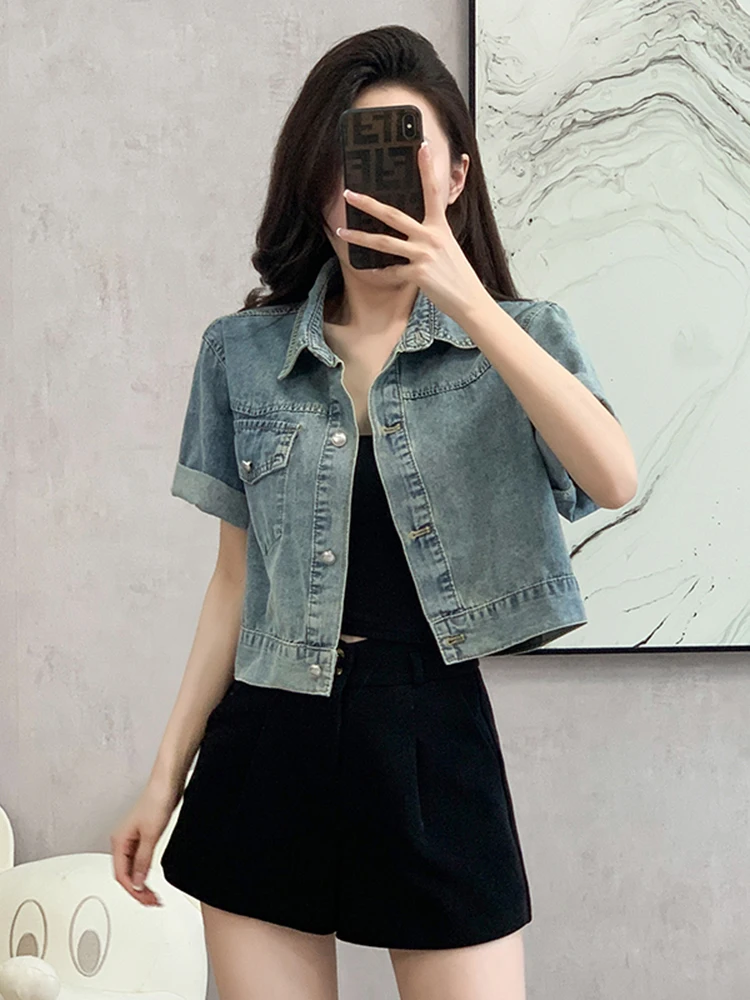 Fashion Ins Thin Summer Short Denim Jackets Women Slim Casual Single-Breasted Jeans Short Sleeve Jeans Coat Clothes