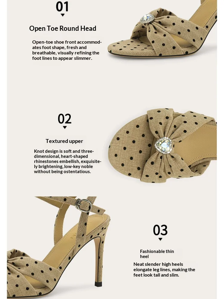 Summer new retro polka dot rhinestone fabric cross strap sandals dress large size small size slim heel high-heeled women's shoes - view 6