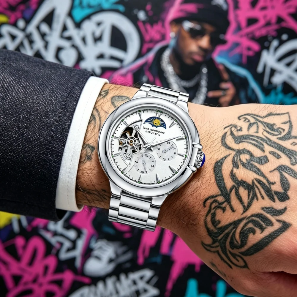 

Trendy and Cool Men's Fully Automatic Skeleton Mechanical Watch, Business Luxury Stainless Steel Waterproof Luminous Men's Watch, Men's Watch with a Tough Business Style, Versatile for Everyday Wear, Full of Mechanical Flair and a Tough Manly Aura, Exquis