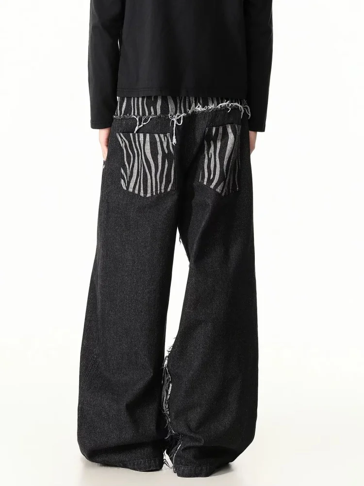 2026 Cyber Y2K Streetwear Striped Patchwork Black Baggy Stacked Jeans Pants For Men Clothing Wide Leg Loose Fit Long Trousers
