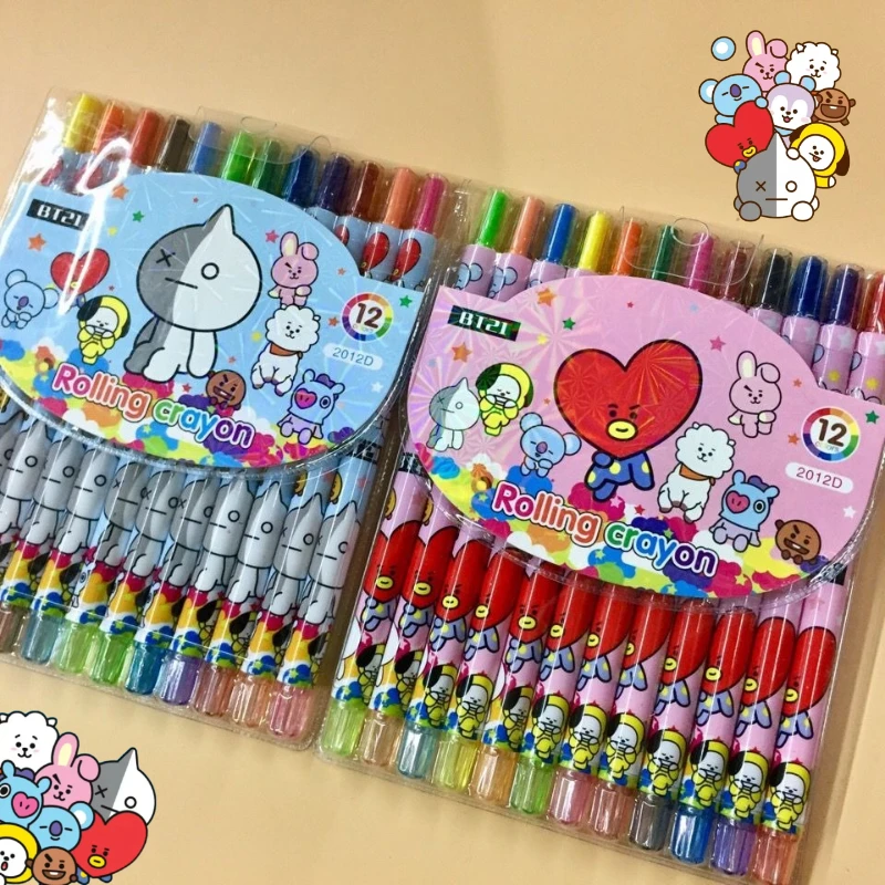 Material escolar BT21, desenho animado, artigos de papelaria fofos para estudantes, giz de cera giratório, material de arte Kawaii para estudantes, canetas coloridas para desenho, presente.