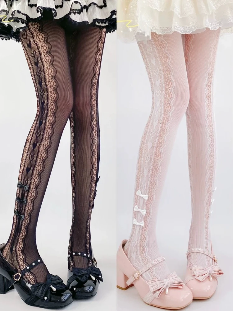 Uniform JK Lolita Mädchen Spitzen-Herz-Print Süße Schleifen-Strumpfhose Japanische Mode Dünne Netz-Strumpfhose Damen Sexy Netzstrümpfe