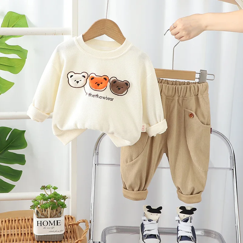 MILANCEL Autumn Kids Clothes Set Children Cute Bear Waffle Hoodie + Solid Color Casual Pants Boys Thin Style Outfit 2PCS