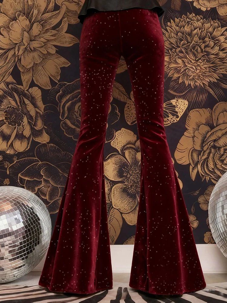 Herbst Winter Neue Frauen Einfarbig Pendeln Hosen Elegante Dünne Temperament Hose Vintage Samt Pailletten Hohe Taille Flare Hosen