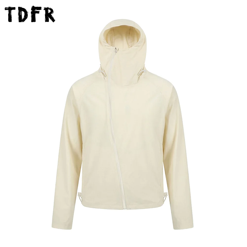 Solid Color Long Sleeve Jacket Mens Zipper Asymmetrical Summer Thin Safari Style Loose Drawstring Hem Hooded Outerwear Man