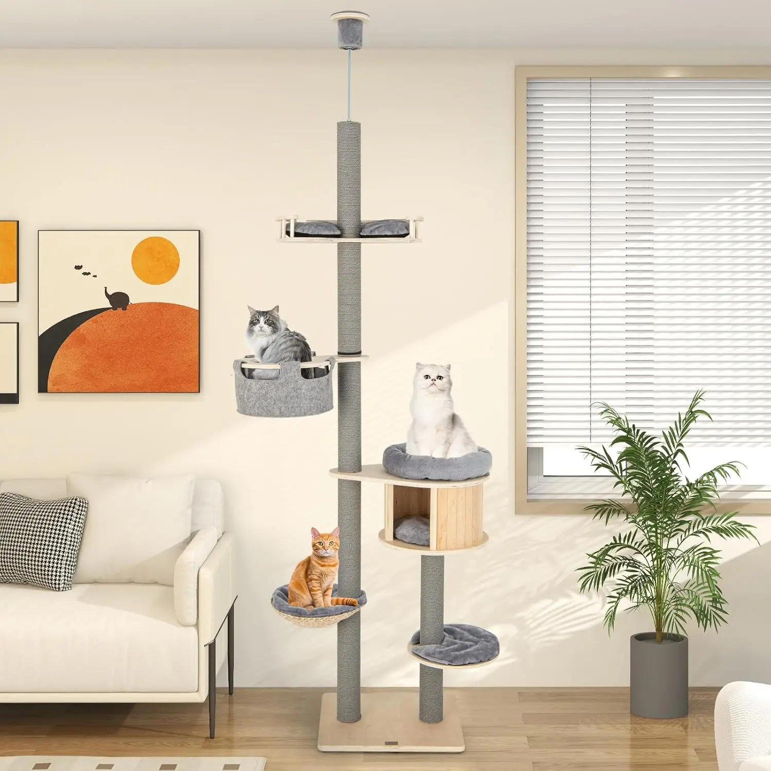 Floor to Ceiling Cat Tree, 5 Tier Tall Cat Tower with Adjustable Height (100-110 Inch) for Large Cats, Wood Cat Climbin