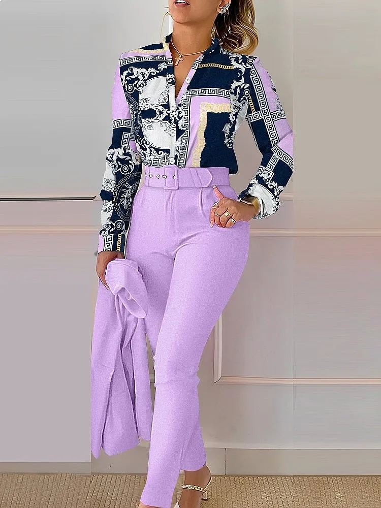 

Ladies' pure color pants suit, elegant and slim-fitting two-piece set, summer floral V-neck button-up long-sleeved top
