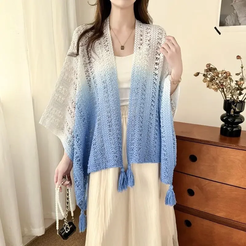 Womens Tie Dyed Hollow Knit Cardigan Shawl Cape