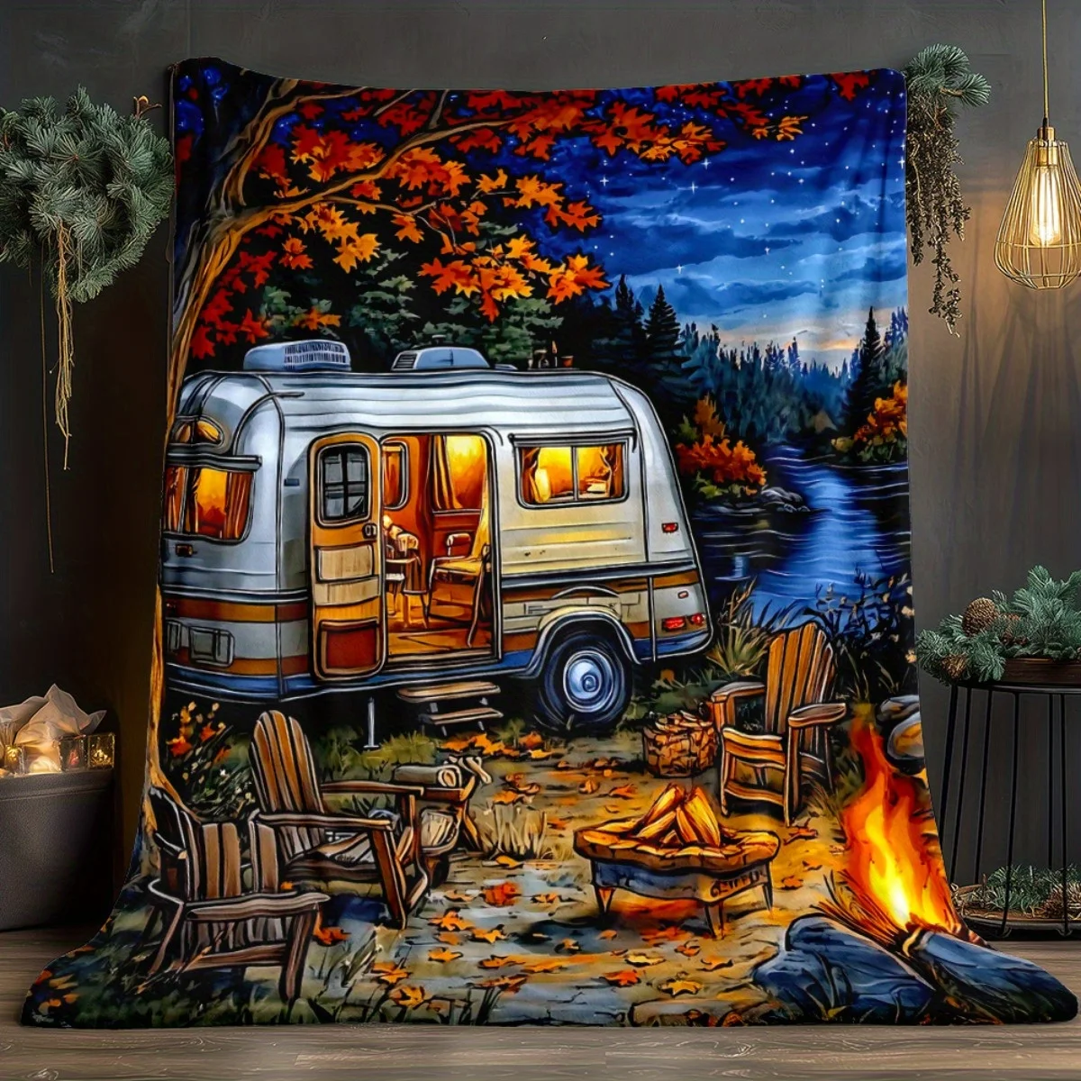 Large Autumn Camping Blanket RV Van Fall Landscape Throw 150x230cm Cozy Picnic Outdoor Rustic Aesthetic Decor for Couch