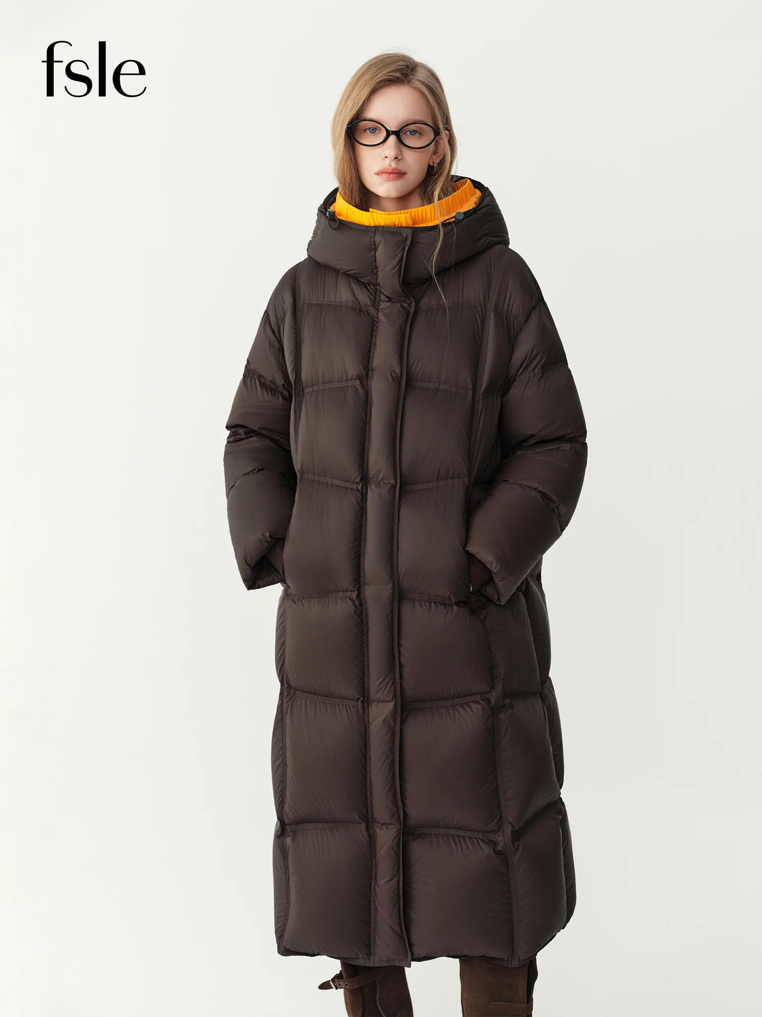 FSLE 2026 Winter Women Long Hooded Bread Puffer Downcoat Jacket Color Block Warm Quilted Down Coat Streetwear Thick Outdoor Coat