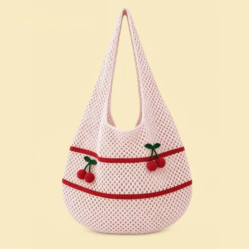 2026 New Cherry Hand Knitted Bag for Women, Fashion Knit Commuter Shoulder Bag, Versatile Large Capacity Crossbody Bag