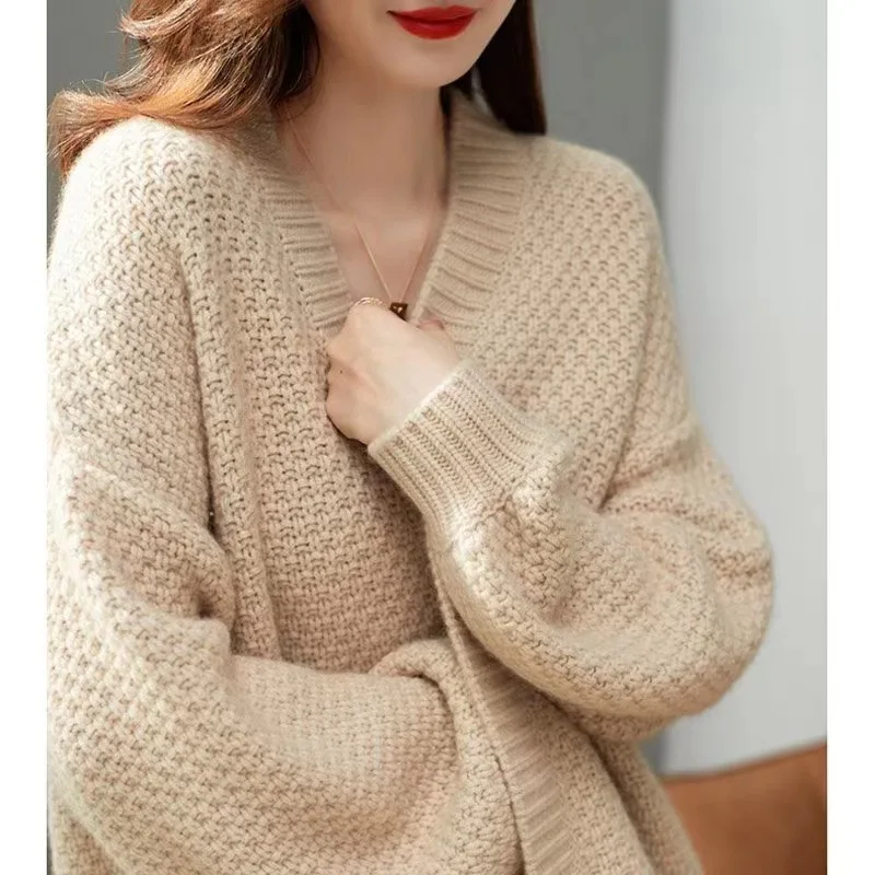 Women Autumn Winter Cardigans Sweater Casual Loose V-neck Long Sleeve Knitted Open Stitch Sweater Sweater Coat Solid Jacket