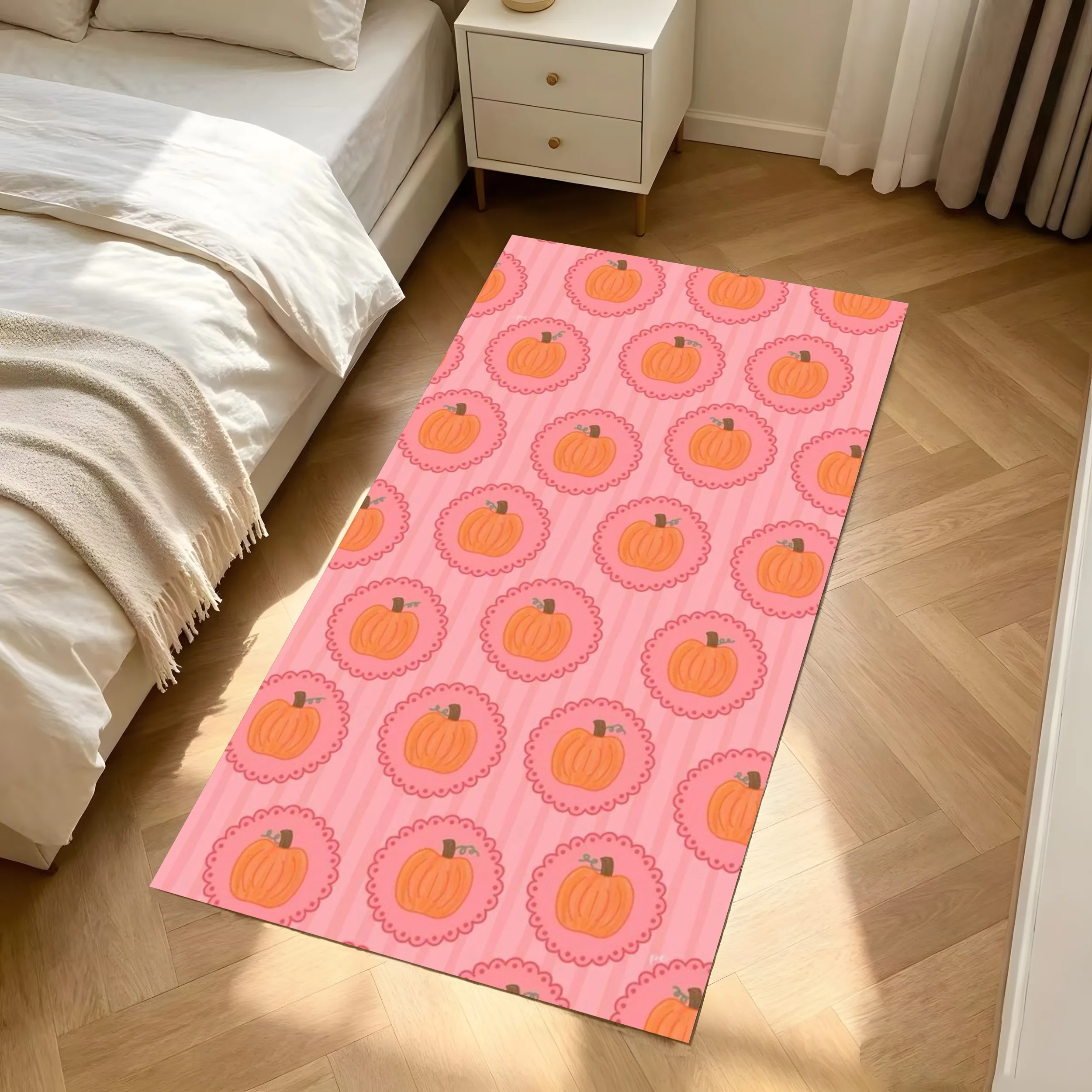 2D Carpet with Hedgehog, Rain Boots, Coffee Cup, and Fallen Leaves Print in a Playful Cartoon Style, Creating a Warm, Soft, and Cozy Atmosphere