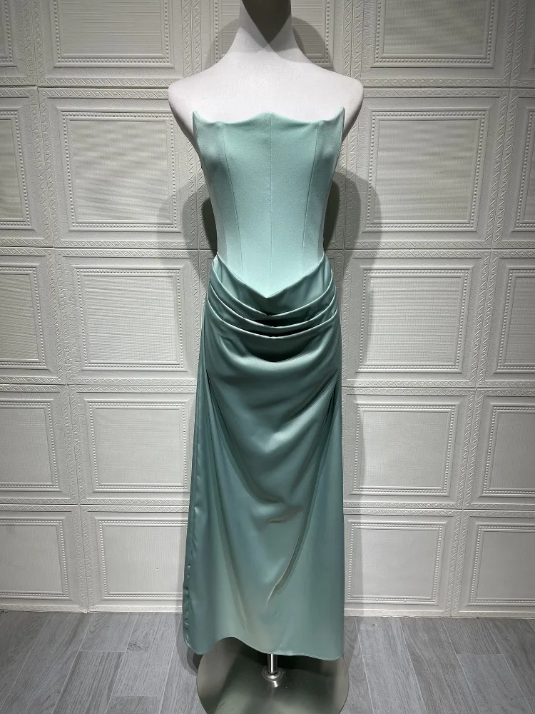 XIAOTANG 피쉬본 섹시 맥시 새틴 드레스 여성용 스트랩리스 슬리브리스 플리츠 롱 드레스 여성 우아한 이브닝 파티 드레스