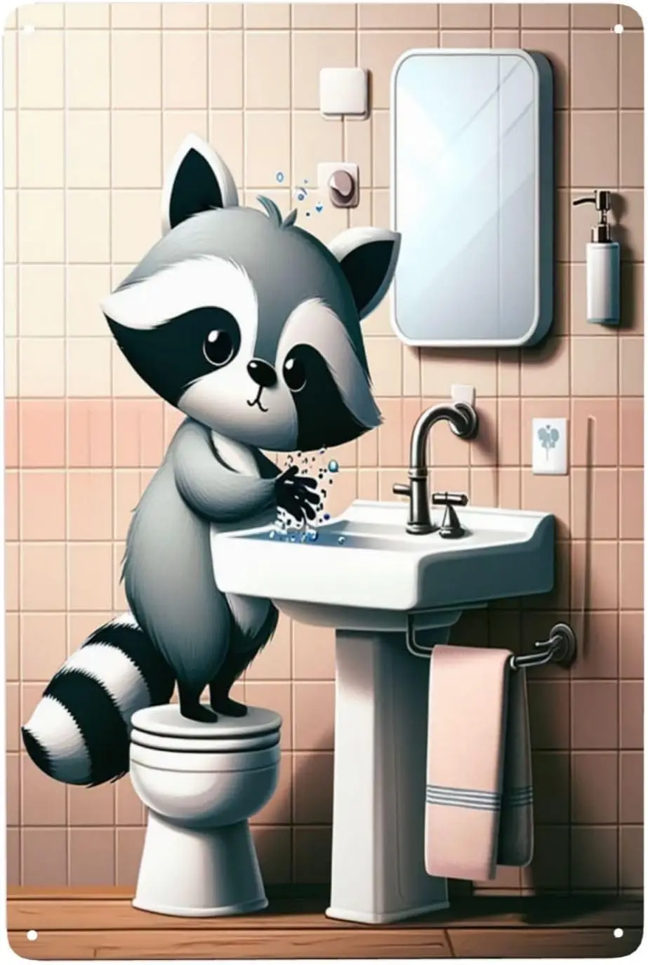 Playful Raccoon Washroom Metal Tin Sign Squeaky Clean Charm Fun Animal Hygiene Art Vintage-Inspired wall art Home Decor sig sign