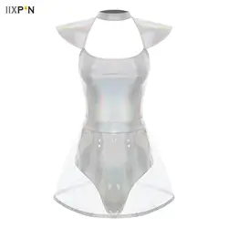 Silver Space Alien Women Space Suit Adult Astronaut Costume Fly Sleeve One-piece Bodysuit Dress Family Party Dress Up Birthday G