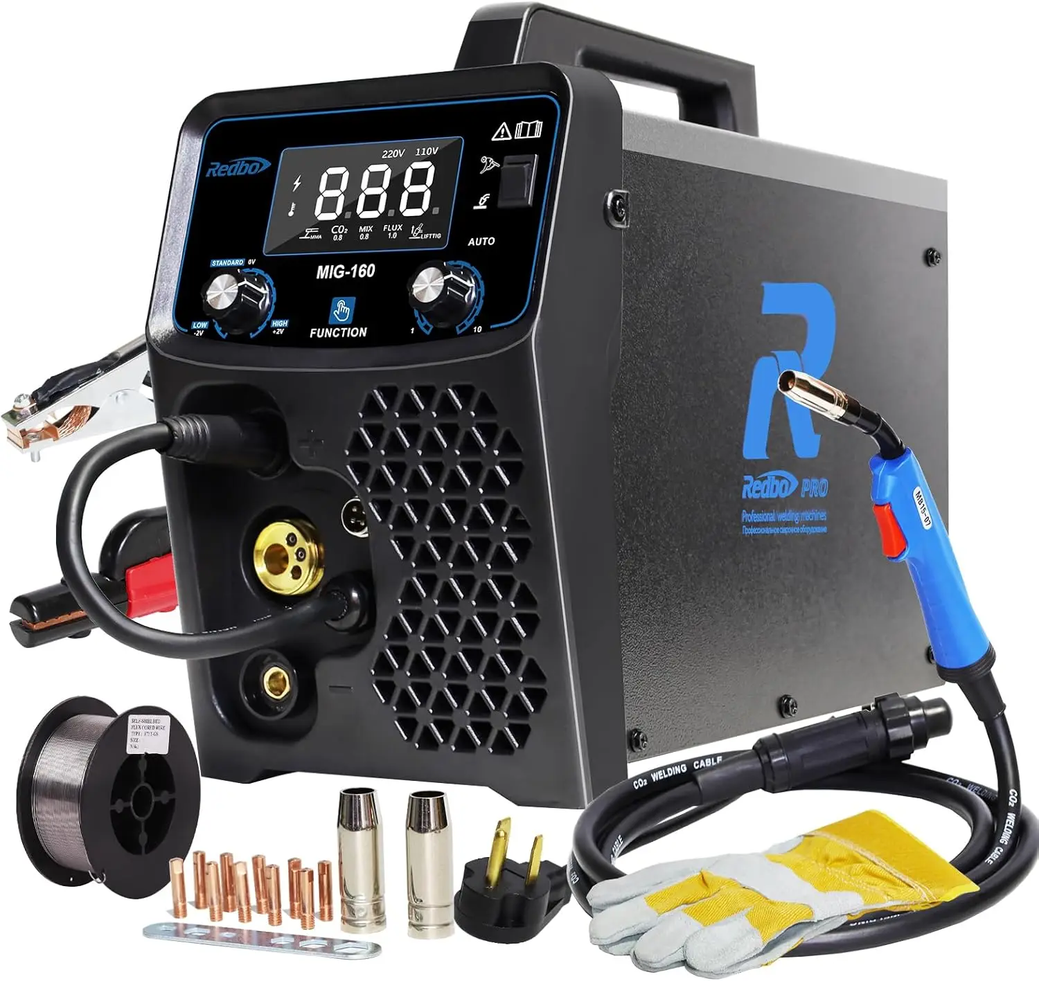 RedbDual Voltage 160Amp Powerful MIG Welder,Gas MIG/Gasless Flux Core MIG/Stick/Lift TIG/Spool Gun 5 in 1 Multiprocess Welding M