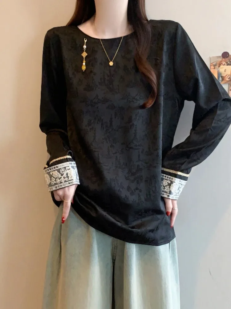 

New Chinese Sle Satin irt Women's plus Size Beautiful Bla High Quali Unique Spring Faion Top Ele Sensation