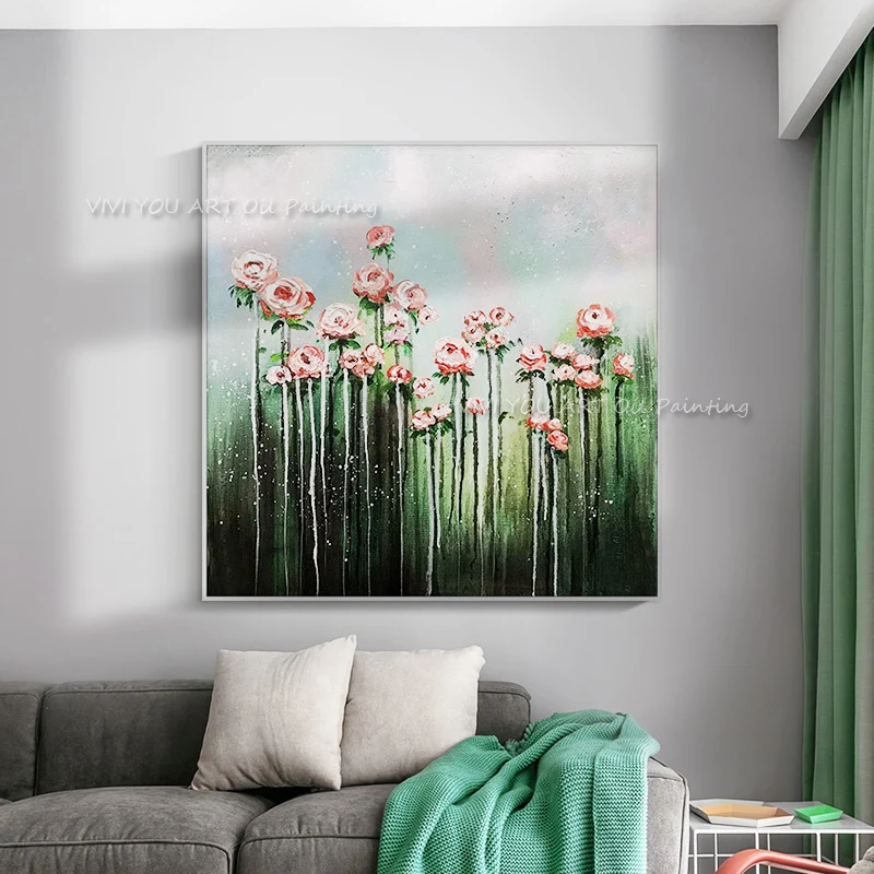 Large Size Impressionist Flower Field Oil Painting Hand Painted Canvas Pastel Landscape Wall Art For Living Room Bedroom Decor