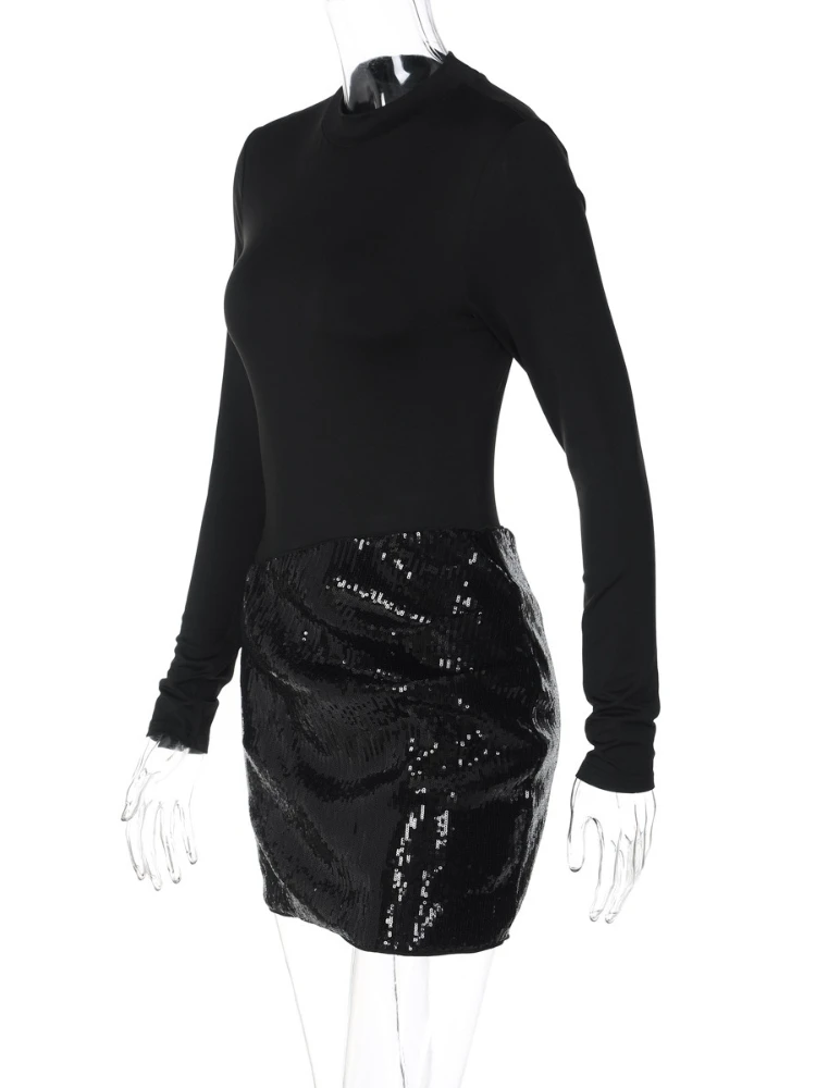 Foamlina Women's Black Long Sleeve Mini Dress Elegant Cut-out Slim Sequins Patchwork Bodycon Fall Winter Fashion Dress for Party