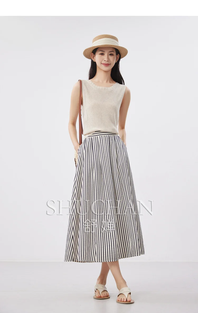 

Good Quality French Stripes A-shaped Skirt Women Cotton Blend Long Skirts for Women 2024 Autumn Fall Women Clothing