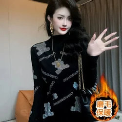European Station Top Women's Half High Neck Autumn and Winter New Hot Diamond Bear Bright Diamond T-shirt Fashion Bottom Shirt