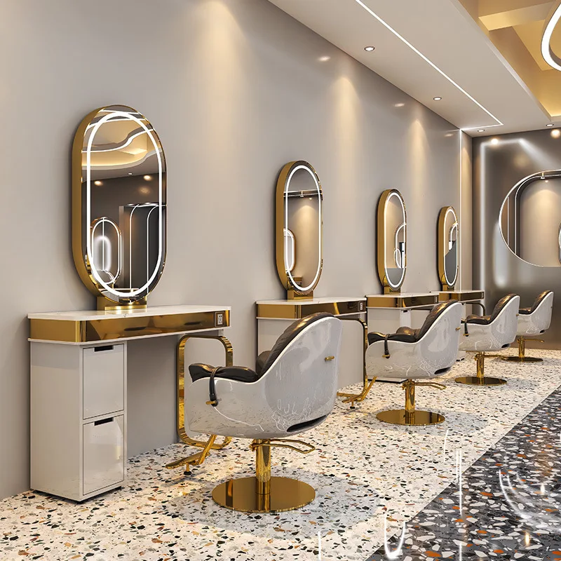 

Hot Sell Salon Mirror Station Hair Salon Furniture Barber Station Styling Mirror With Storage Gold Salon Mirror With Light