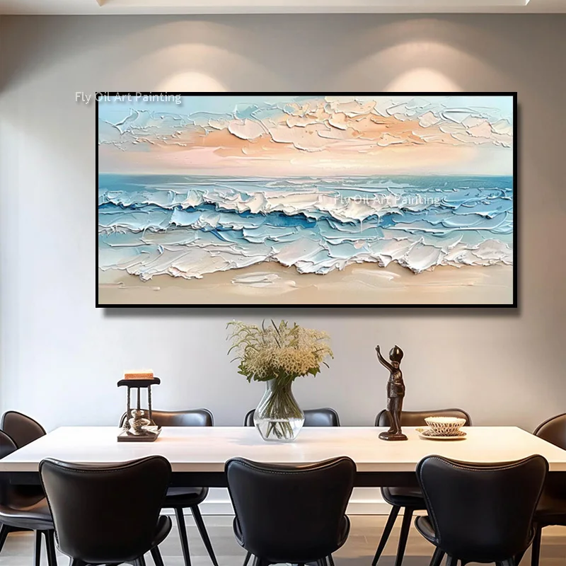 Blue White Sea Sunset Large Canvas Wall Art For Christmas Decorations Hand Made White Seawave Oil Painting New Abstract Artwork