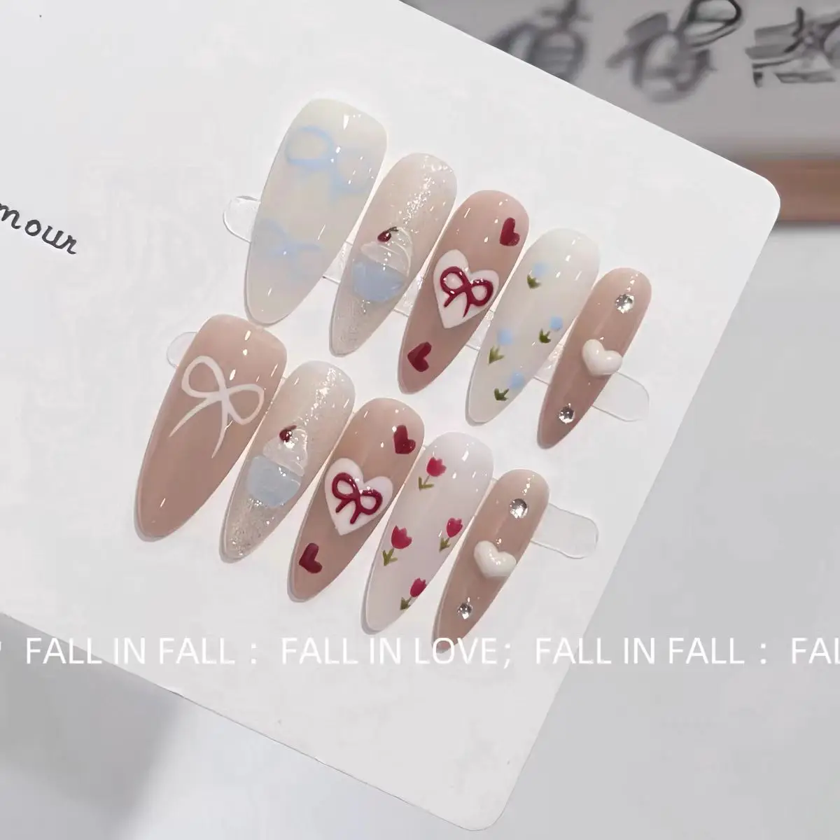 2024 New Hand-painted Bow Cute Hand-worn Finished Nail Art False Nails Press on Nails