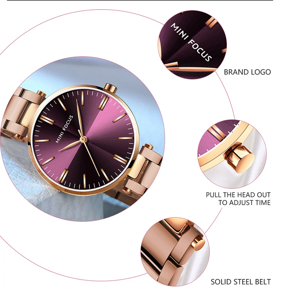 MINIFOUCS-Montre simple en acier pour femme, quartz violet, étanche, marque de luxe, horloge à la mode pour fille