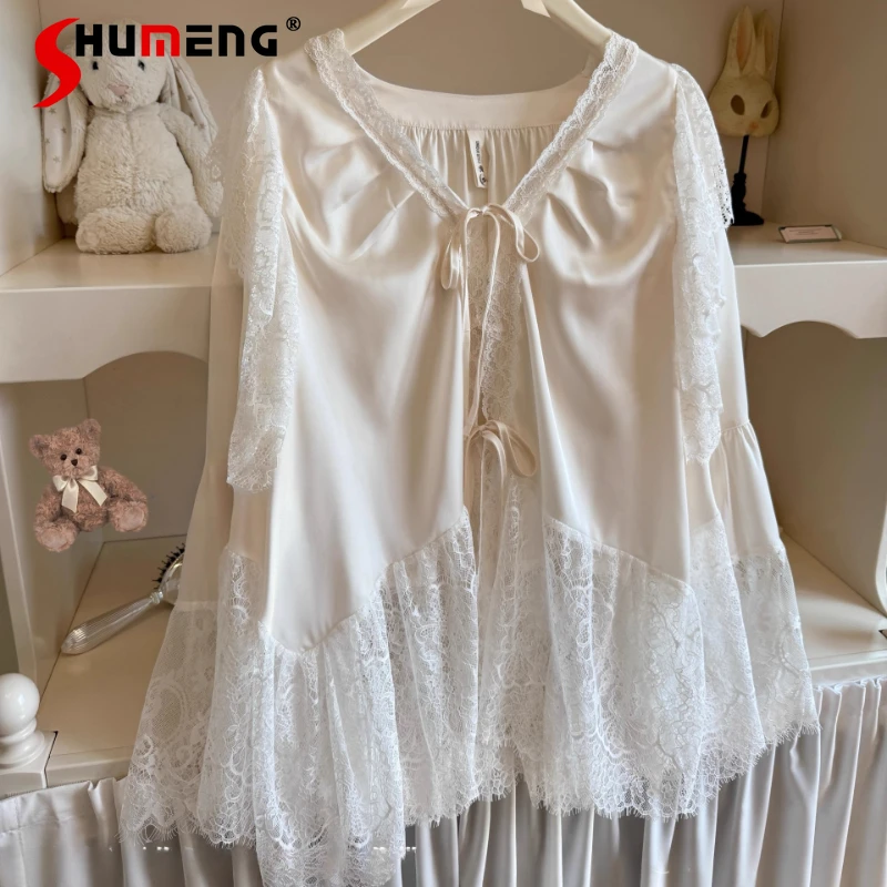 

Pure Desire Women Princess Style Pajama Sets Ice Silk Bell Sleeve V Neck Loungewear Female Long Sleeve Lace Nightwear Suits