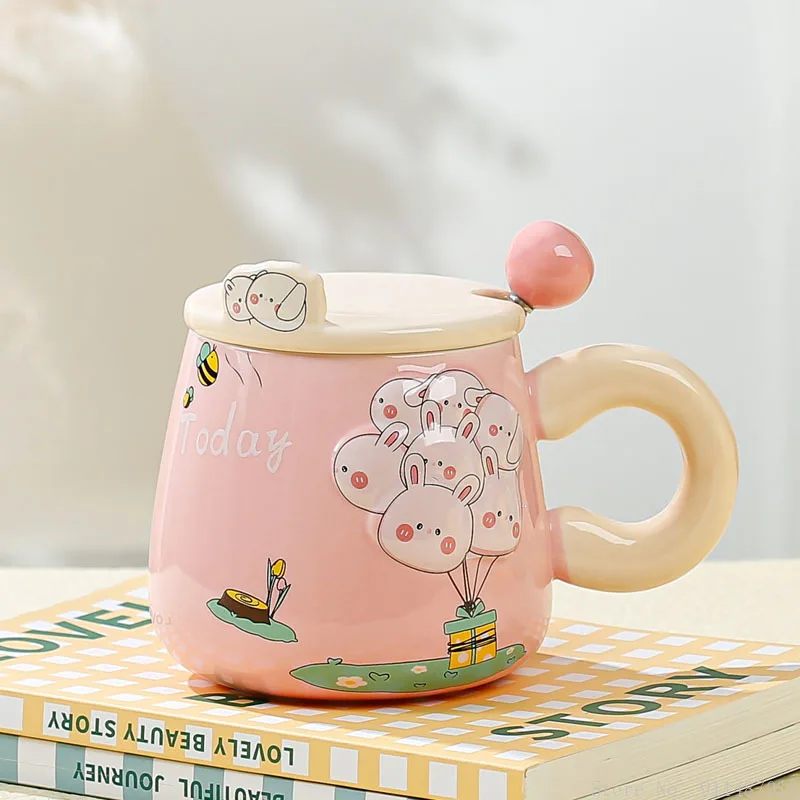 1pc Creative Spoon With Lid Mug Gift Home Breakfast Afternoon Tea Cute Cartoon Balloon Pattern Pink/Yellow/Green Coffee Milk Cup