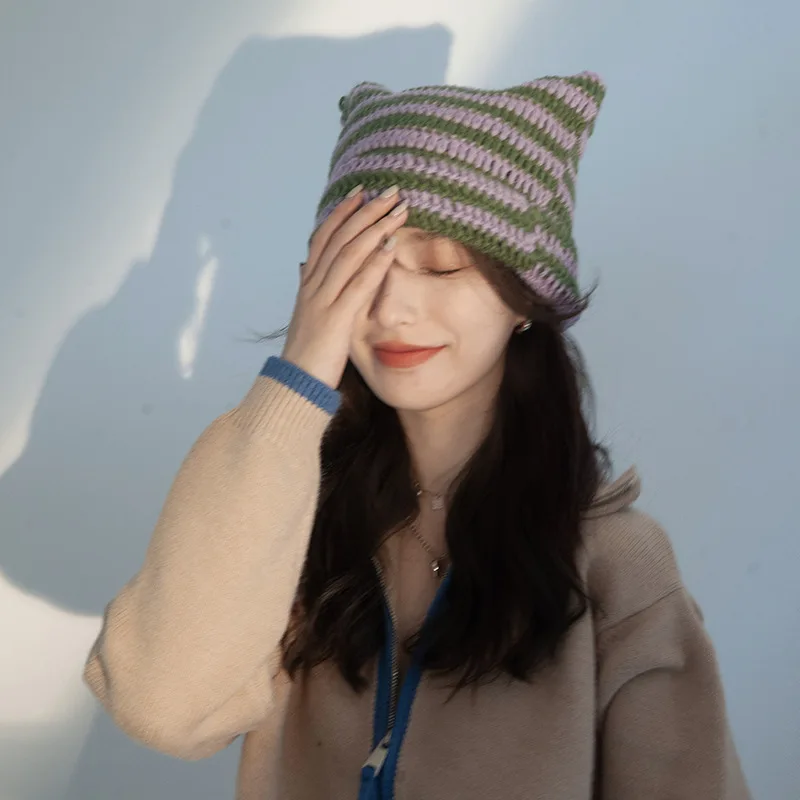 Gorros de punto a rayas del diablo para mujeres, hombres y niñas, gorros con orejas de gato, ropa de calle japonesa, Y2K, Harajuku, lindo, Otoño e