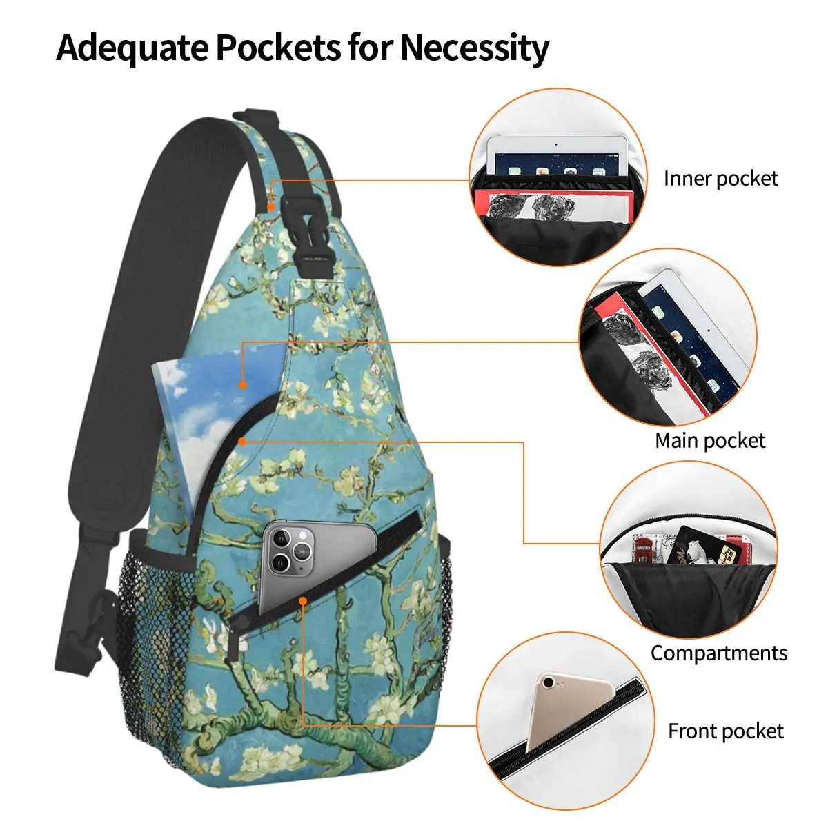 Van Gogh Almond Tree Chest Bag Men Sling Crossbody Backpack Chest Bag Travel Hiking Daypack Shoulder Bag