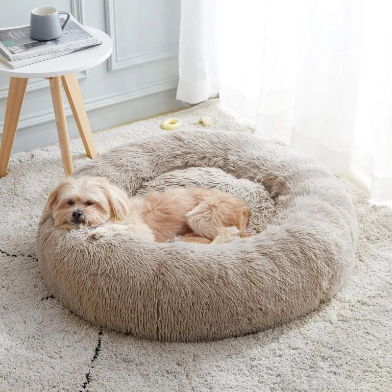 Cama calmante para cães e gatos, anti-ansiedade, donut, aquecimento, cama redonda macia e aconchegante, cama de almofada de pelúcia de pele sintética fofa