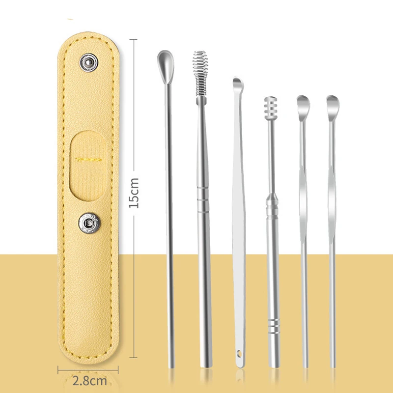 Aço inoxidável Ear Care Tools, Earwax Ferramenta de Remoção, Earpick Sticks, Cureta Colher, Ear Clean, Personal Health Care, 6 em 1