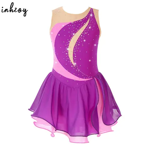 Vestido de Patinaje Artístico de gasa sin mangas para niñas, diamantes de imitación brillantes, Ballet, gimnasia, baile, leotardo, actuación, traje de competición