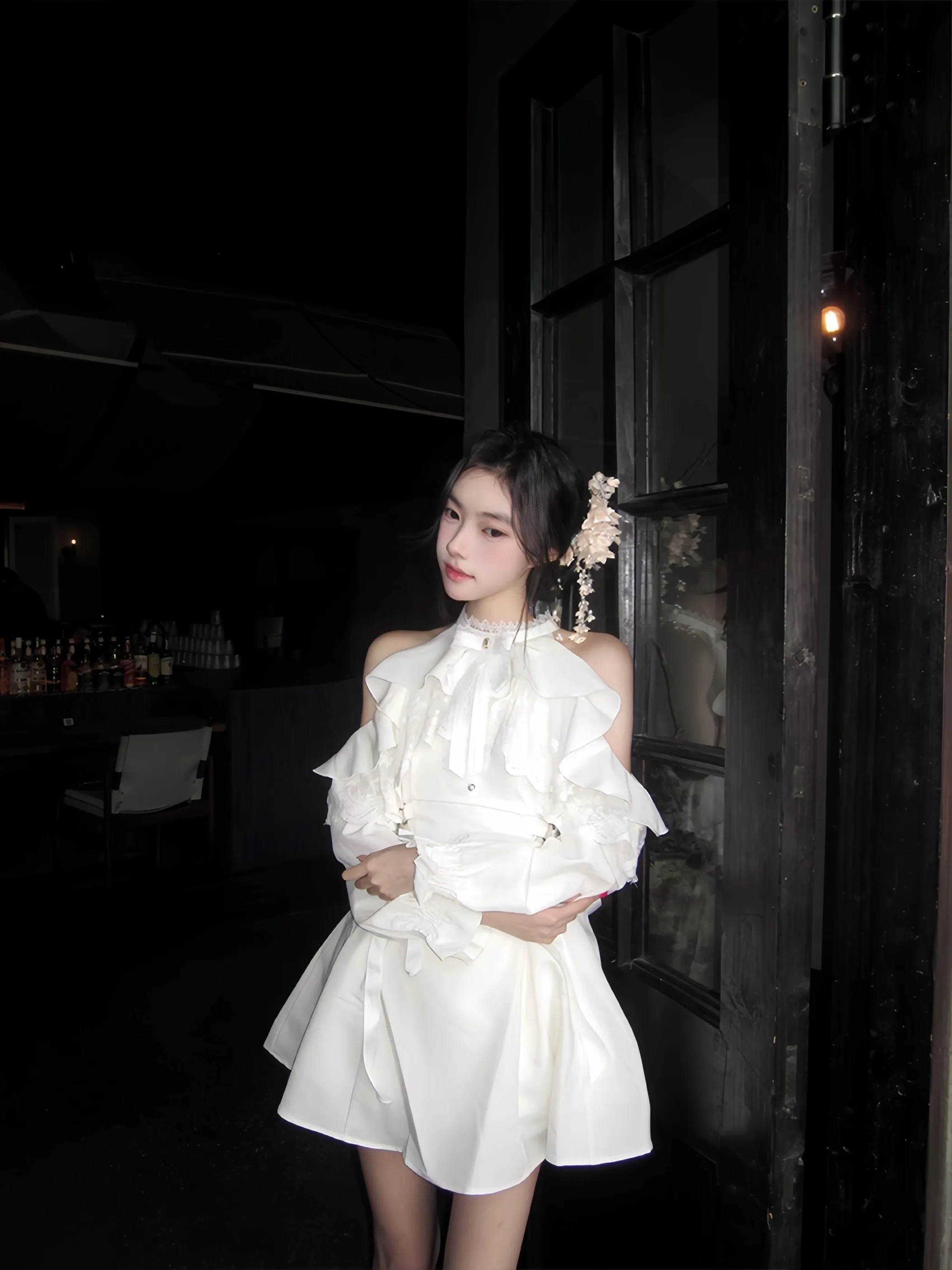 

White Lace One oulder Dr Women's Early Autumn Winter Small Size Skirt Lolita oulder Exposure ort Skirt