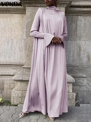 Plus Size VONDA Women Elegant Maxi Dress Flared Long Sleeve High Collar Long Robe 2024 Casual Solid Color Vintage Loose Sundress