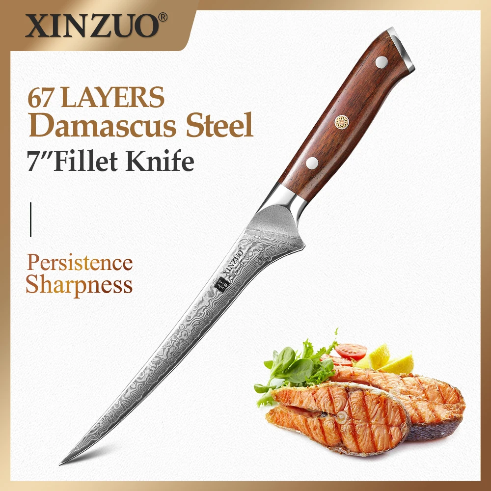 

XINZUO 7 Inch Fillet Knife 67 Layers Damascus Steel 60±2HRC Boning Knife High Hardness Kitchen Knife Premium Rosewood Handle