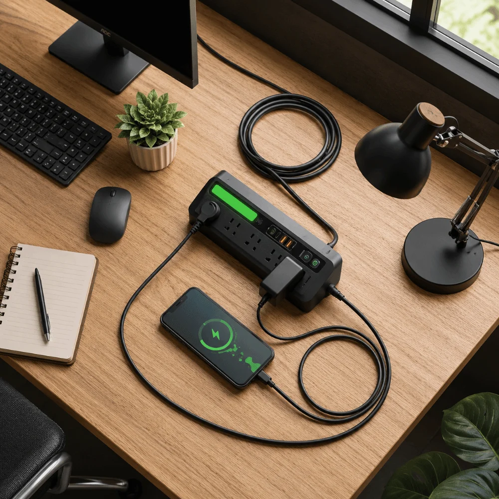 Touch Activated Desktop Charging Strip 2AC 2USB 3 Color USB Charging Station Compact Portable Flame-Retardant Shell