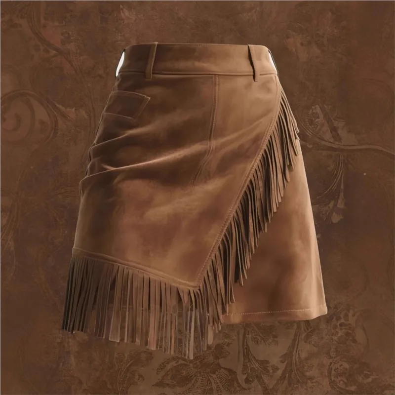

Vintage Suede Mini Skirt Women Y2K Tassel Patchwork Brown Hip Wrap Skirts Fall Winter Streetwear Korean Fashion Slim Faldas