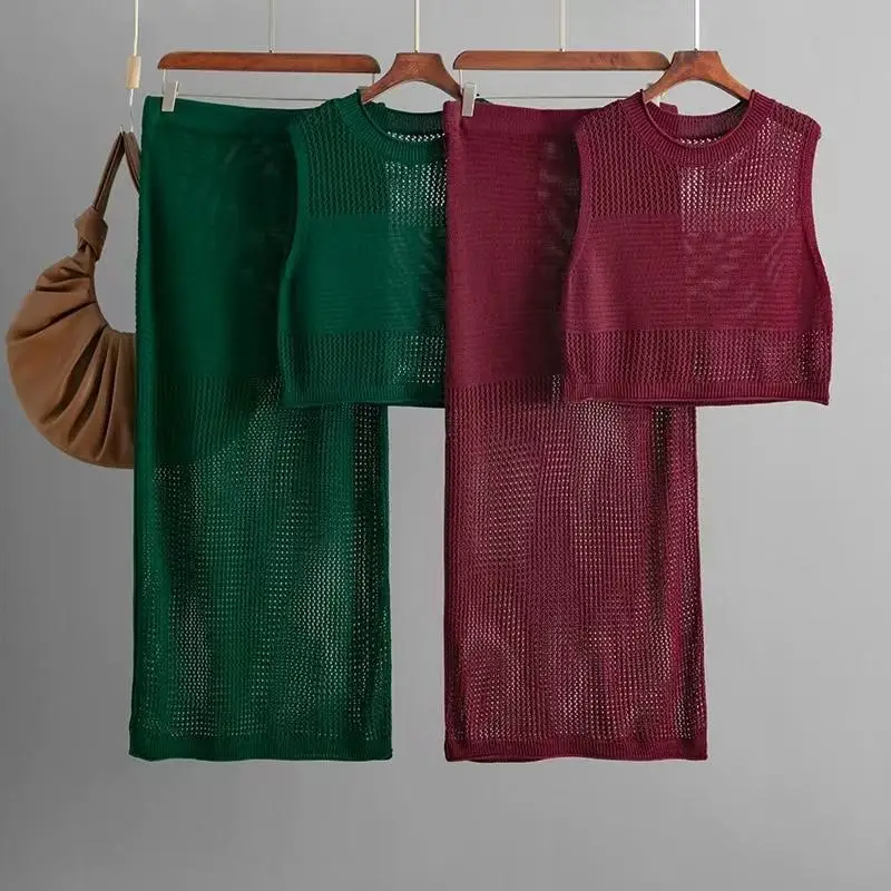 

Hollow Knitted Vest And Skirt Set Split f-length Two-piece Faionable Women's Clothing Round-ne Pullover Spring Season
