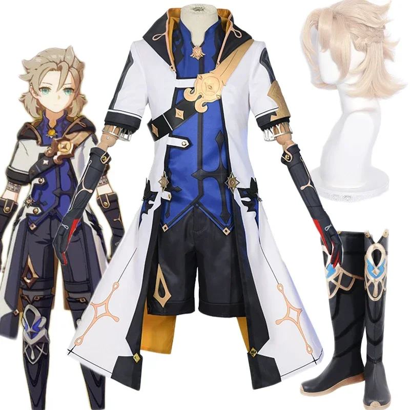 Gioco Genshin Impact Alchemist Albedo Costume Cosplay uomo uniformi fantasia Top pantaloni cappotto parrucca Albedo scarpe Cosplay per Halloween