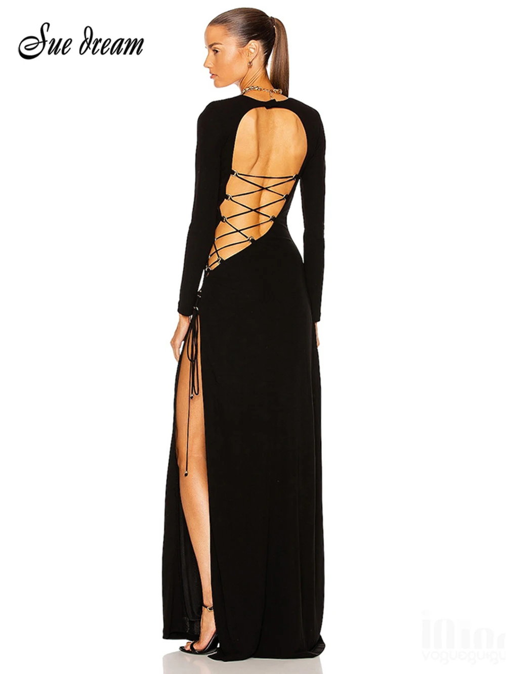 

2021 Fall New Women'S Fashion Round Neck Long Sleeve Long Dress Sexy Fashion Hollow Open Back Split Strap Bodycon Dress