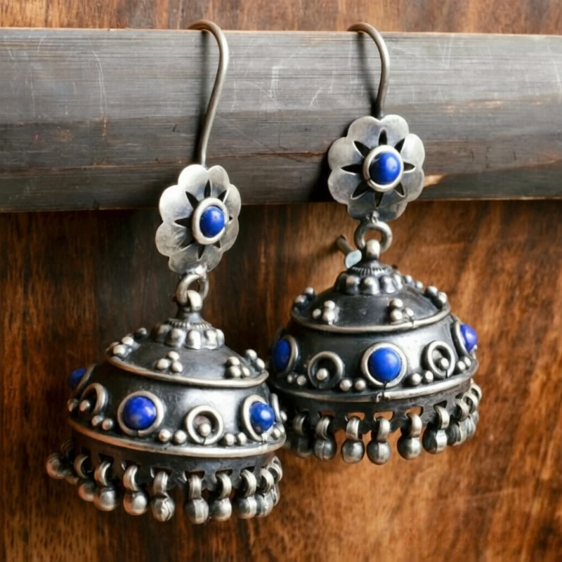 Ethnic Style Synthetic Lapis Lazuli Bell Tassel Drop Earrings Women Vintage Gorgeous Festival Vacation Delicate Handmade Jewelry