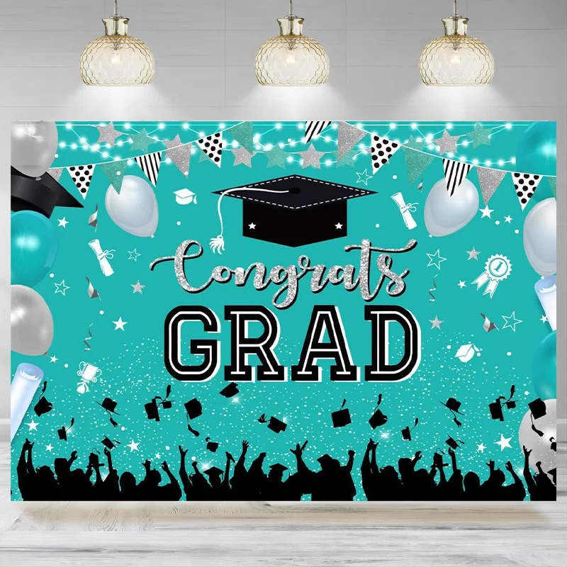 Teal Graduation Decorations Banner Backdrop Congrats Grad Photo Photographic Background Graduation Celebration Party Decoratio