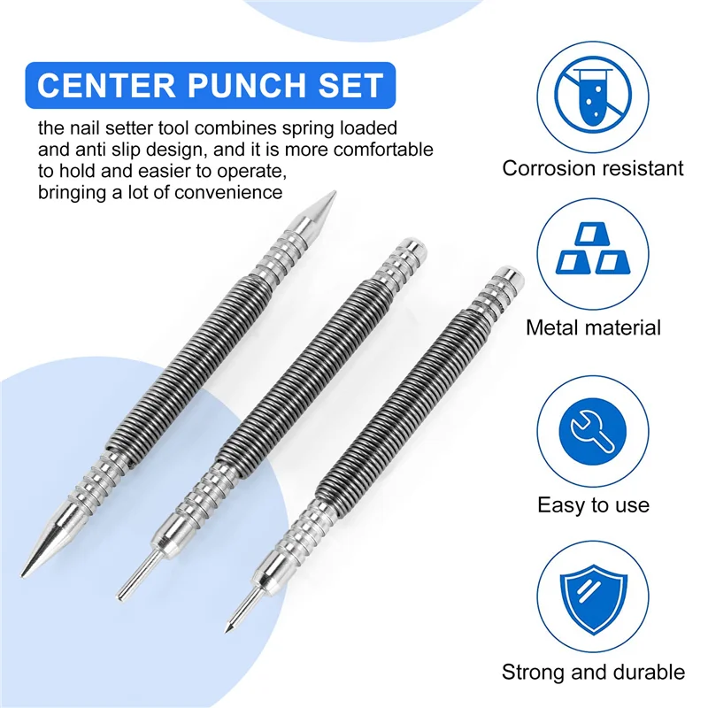SYW-3 Pcs Nail Set And Hinge Pin Tool Center Punch Spring Loaded Nail Set For Door 1/32 Inch 1/16 Inch Dual Head, 1/8 Inch